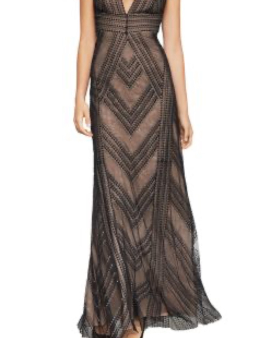 BCBGMaxAzria Black Lace and Nude Sheen Evening Dress